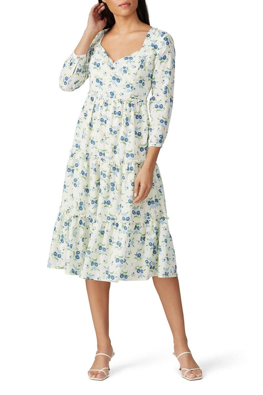 Sweet Baby Jamie Ivory Floral Print Tiered 3/4 Sleeve Midi Dress Size Medium